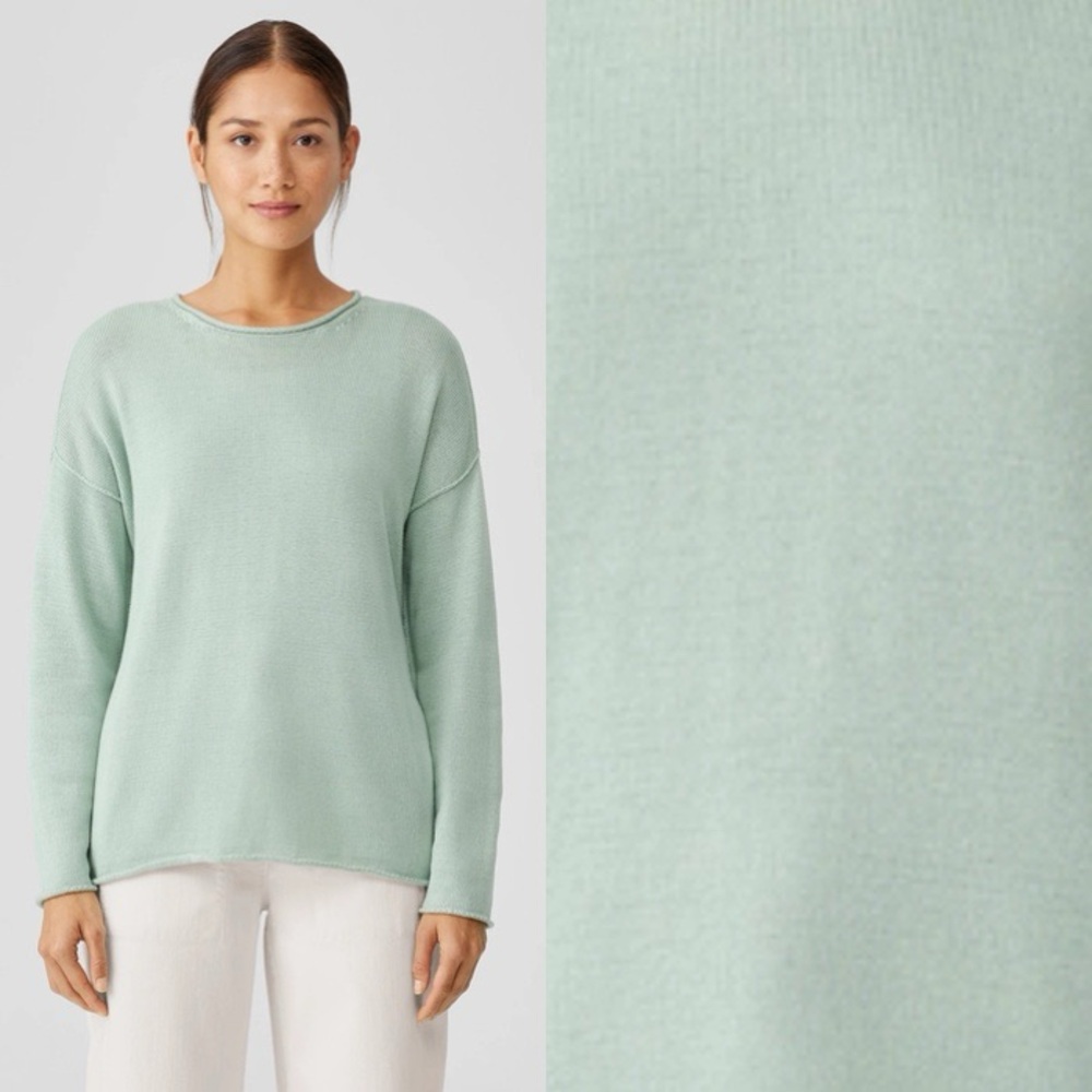 EILEEN FISHER Peruvian Cotton Green Knit Long Sleeve Sweater Pullover Top